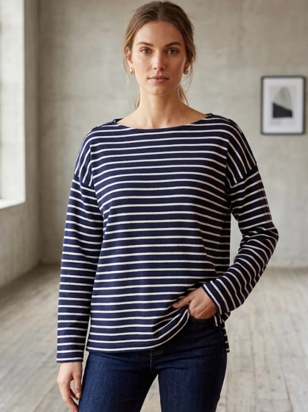 Chaps Navy and White Striped Long-Sleeve Boatneck Top - Sz Large